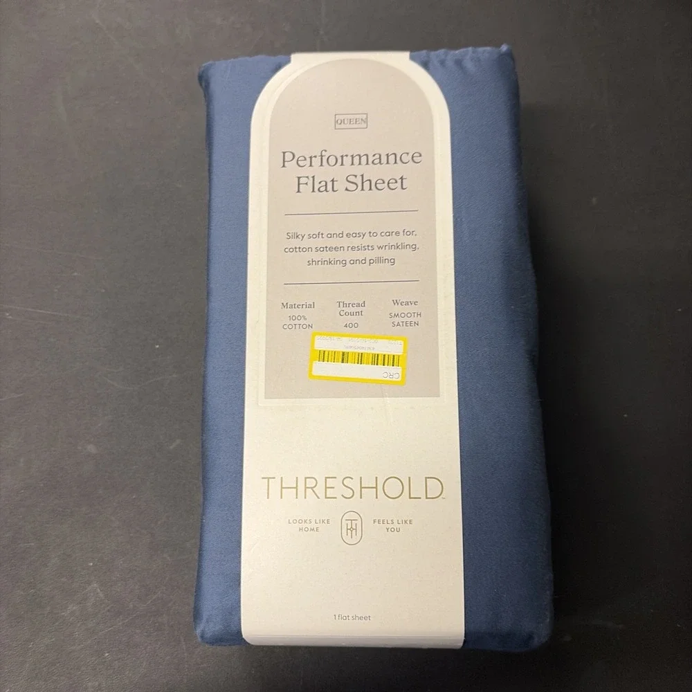 Threshold Performance Cotton Sateen QUEEN Flat Sheet Blue 400 TC Smooth 20583